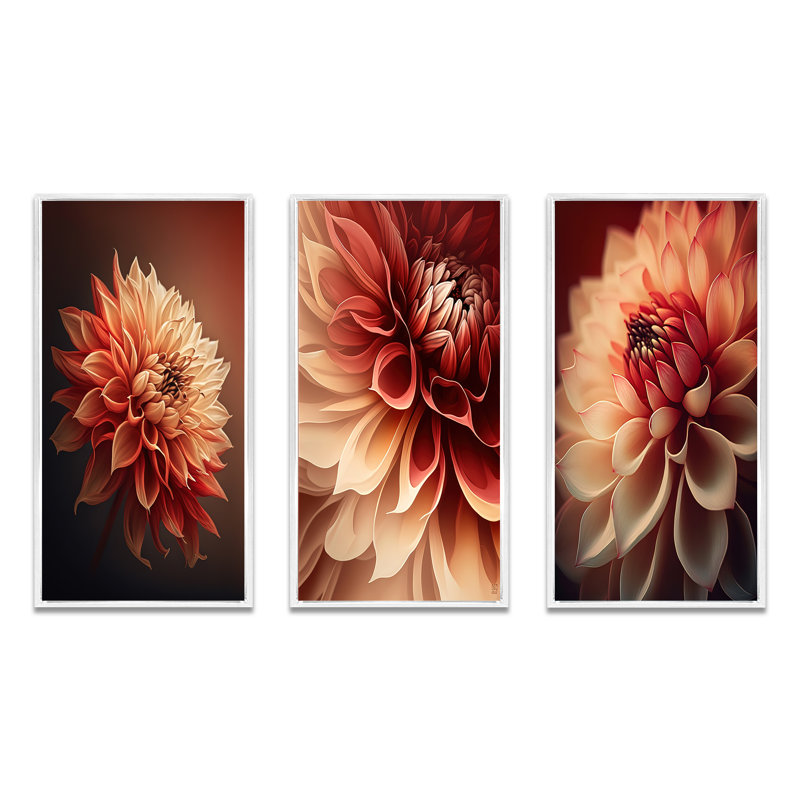 «Orange Dahlia Flower», 3 pièces sur toile, H 32 po x l 48 po, Blanc