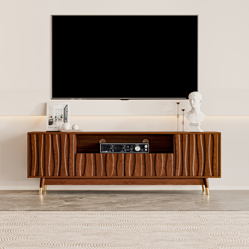 66.8" Brown Fluted TV Stand With Drawer Cabinet For 55/58/65 Inch TV, Mid Century Modern Walnut Finish Wooden Media Console With Cable Management AndTapered Legs For Living Room Bedroom