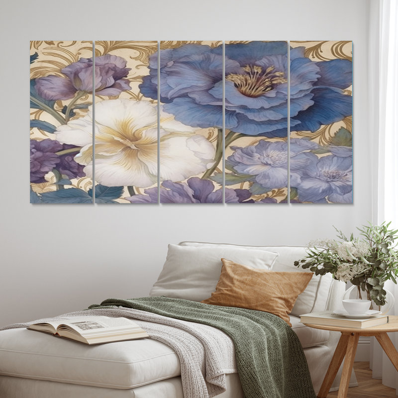 «Hibiscus Blossoming Retro Illustration - Wildflowers», reproduction sur toile - 5 panneaux égaux