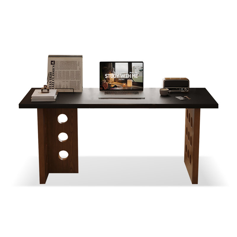 Black + Nut-brown Rectangular Solid Wood desk, 29.53" H x 78.74" W x 23.62" D