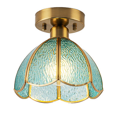 Vintage Blue Art Glass Flush Mount Ceiling Light, Brass Floral Shade