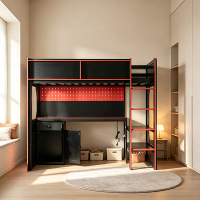 Lit mezzanine simple avec bureau intégré et lumières, base de lit en bois moderne avec bureau et station de charge intégrée
