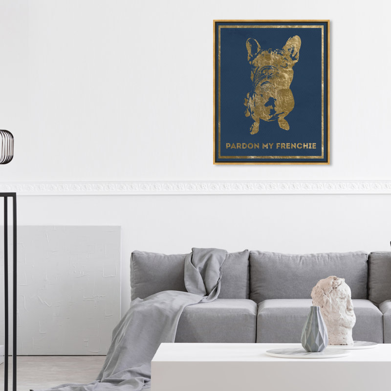 Pardon My Frenchie, élégant bouledogue français moderne, or - peinture, H 37 po x l 31 po, Toile avec cadre doré