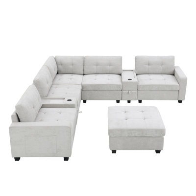 [NEW SKU Of N723S0191E]104'' Sectional Sofa With Movable Ottoman, L-Shaped Tufted Sofa With Storage Consoles, USB Charger, Acrylic Table Top, U-Shaped Chenille Couch Set For Living Room