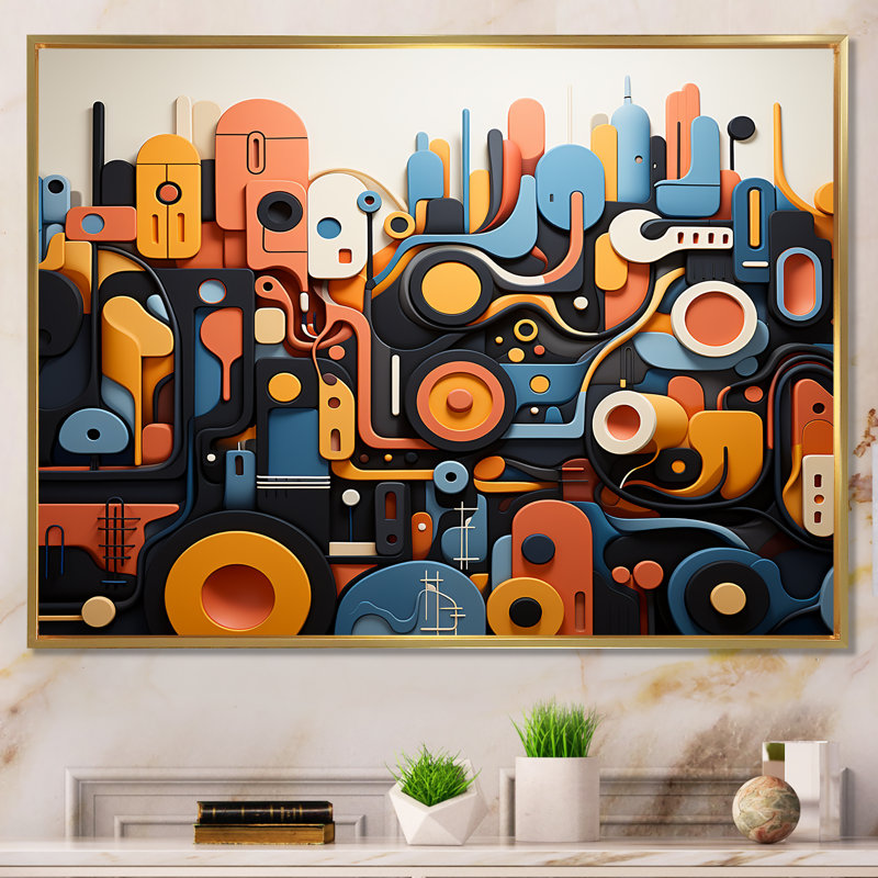 Fusion abstraite bleue et jaune, formes abstraites - Art mural abstrait, Cadre flottant doré, H 24 po x l 32 po x P 1 po