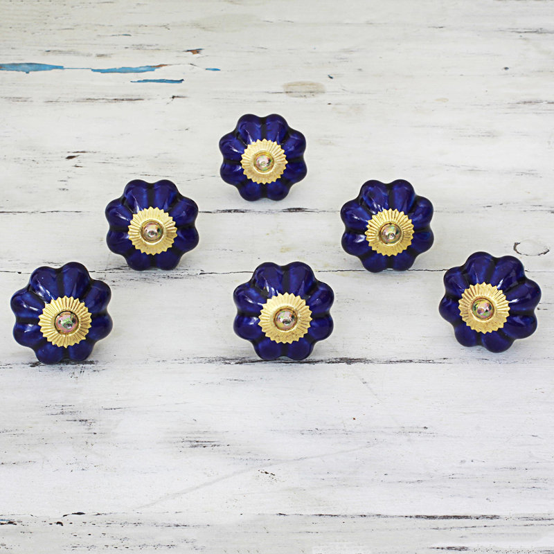Oversized Argie Handmade Floral Beauties Ceramic Cabinet Round Knob Multipack, Indigo