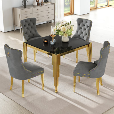 Modern Metal And Glass Dining Table Set With 4 Luxury Velvet Dining Chairs