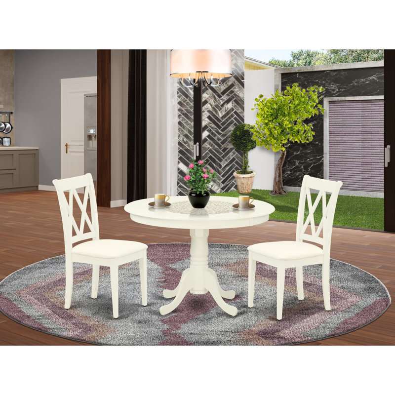3 Piece Dining Set Contains a Round Dining Table with Pedestal and 2 Linen Fabric Kitchen Room Chairs, Linen White