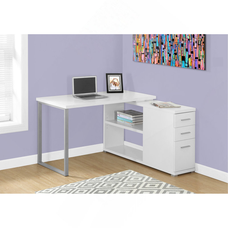 Bureau d'ordinateur polyvalent en forme de L pour le bureau à domicile, améliorant l'efficacité du travail, Blanc / argenté