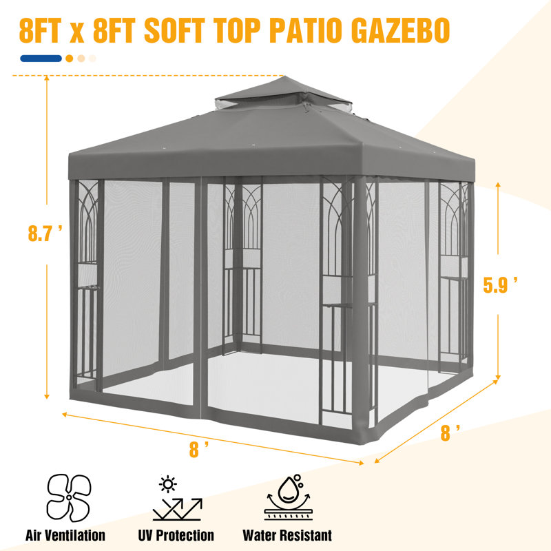 8 Ft. W x 8 Ft. D Patio Steel Soft top Double Roof Gazebo with Netting & Corner Shelves, Gray