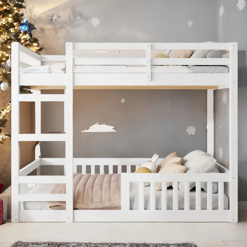 Lit simple superposé robuste avec échelle et garde-corps, Blanc