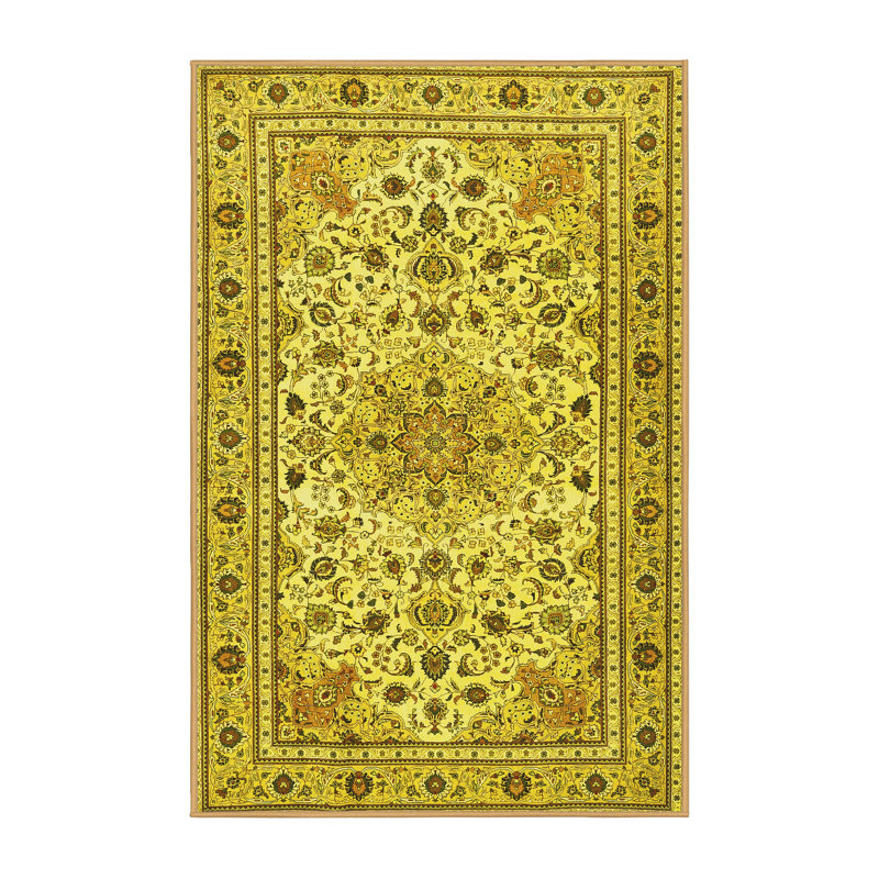 Tapis traditionnels jaunes lavables à la machine 1046, Rectangle 2 pi x 3 pi