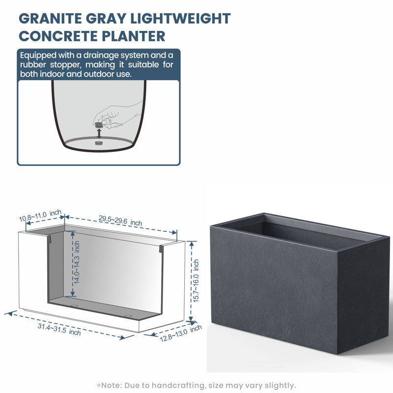 Lapria Handmade Planter Box, 16" H x 31.5" W x 13" D, Granite Gray