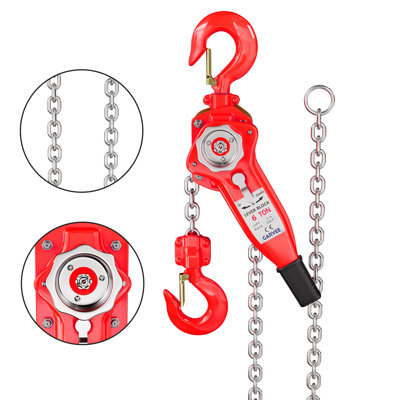 Manual Lever Chain Hoist 6 Tonne (13,200 lbs) - 10 ft Lift - G80 Galvanized Load Chain - Double Weston Brake - 360° Swivel Hooks - Red