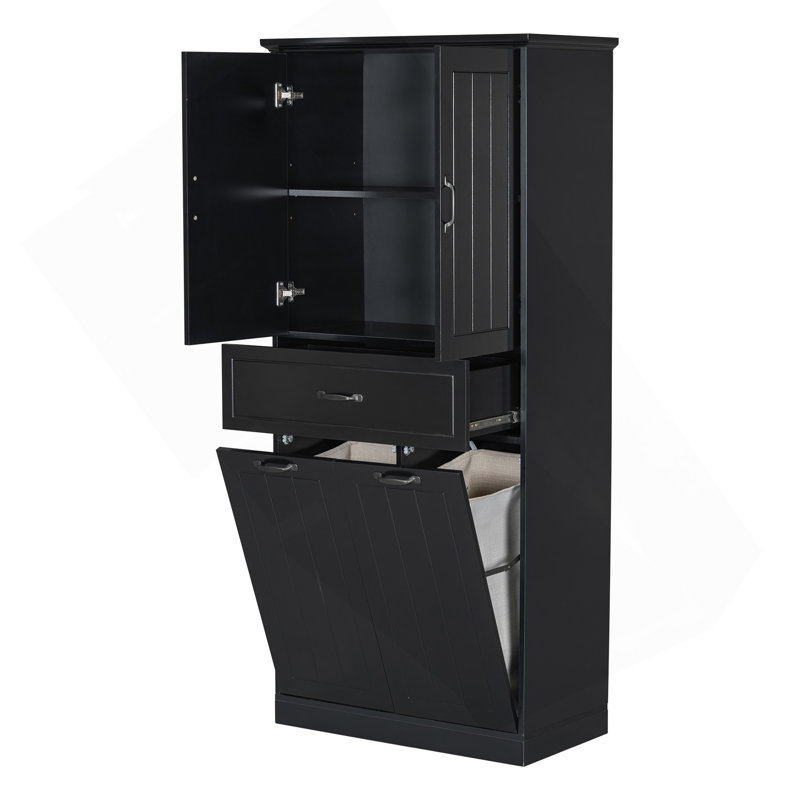 Armoire de rangement pour salle de bain avec deux paniers à linge, armoire de rangement avec portes et tiroir pour la maison, noir