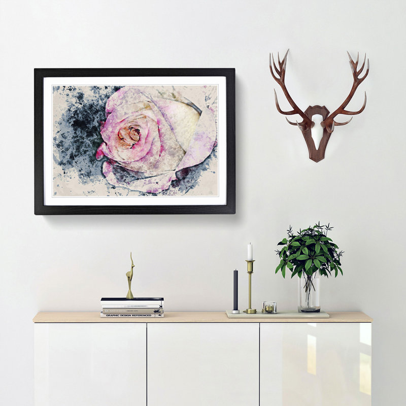 Pink Tipped Rose - Framed Print, 60cm H x 91cm W x 2cm D, Black