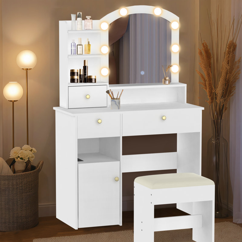 Dressing Table With Built-In Outlets And Led Lighted Mirror, White