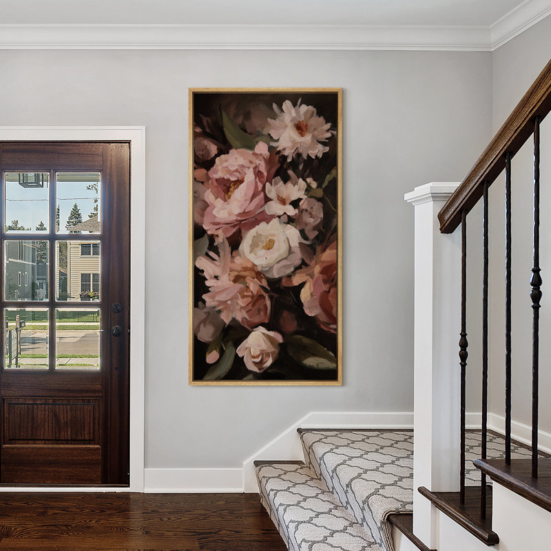 Doux rétro pivoine floral, art mural dans des tons chauds de rosé - grande impression sur toile encadrée de la chambre principale