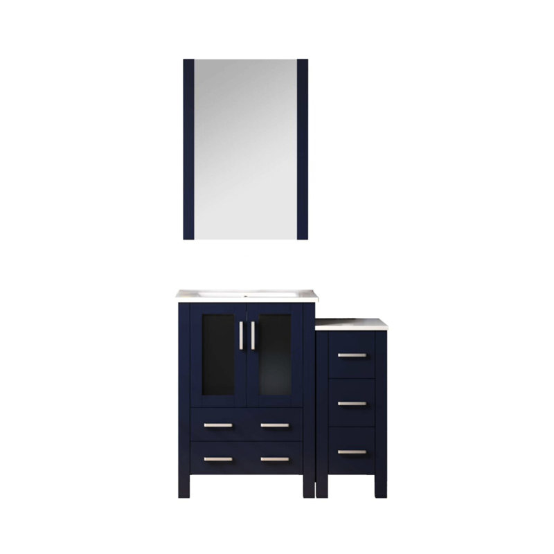 36 po Meuble-lavabo W bleu marine avec armoire latérale, comptoir en céramique blanche, miroir 22 et fonction de rangement optimale avec comptoir, tiroirs pour l'utilisateur