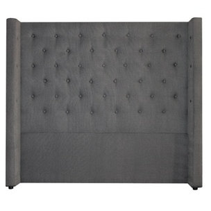 Bren Upholstered Wingback Headboard, King, Bella Black Performance Velvet, Brown Mahogany