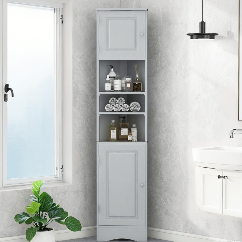 Corner Bathroom Storage Cabinet with 2 Doors, Adjustable Shelves, Open multi-layer Shelves, Gray