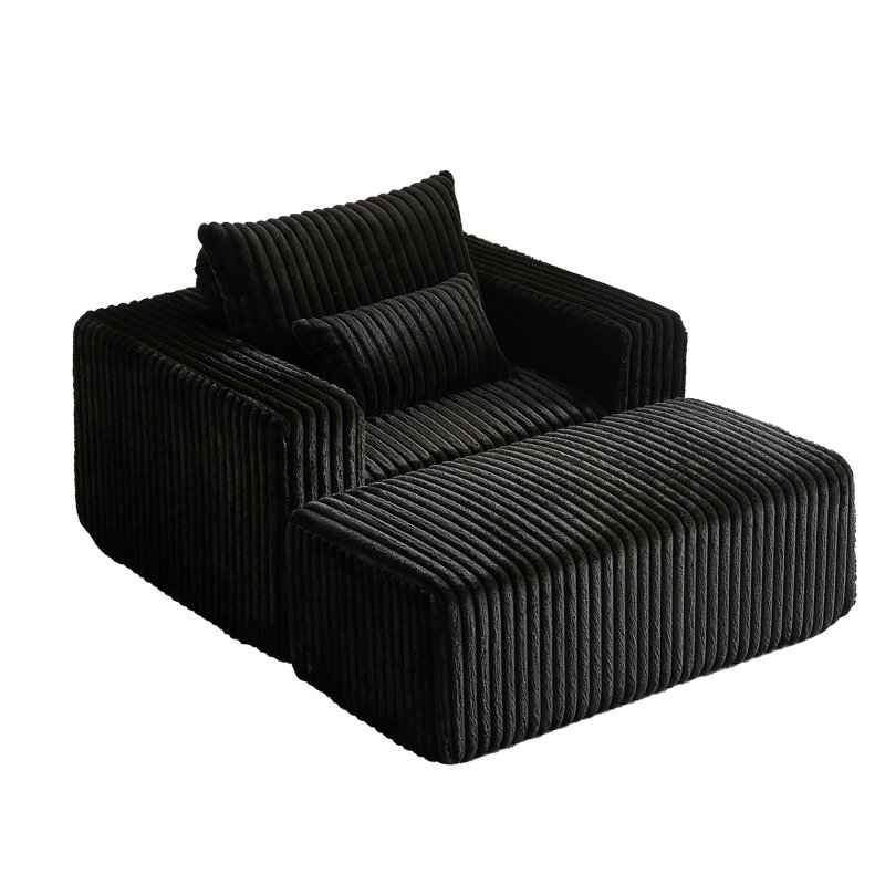  Méridienne en velours côtelé 62,5 pouces avec repose-pieds amovible Jameel, aucun assemblage requis, Noir