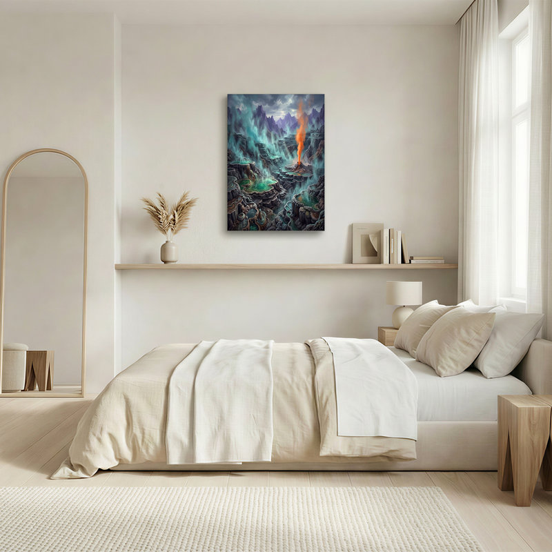 Art mural sur toile, montagnes avec piscines sarcelle en terrasses et fumée orange, 24"H x 36"W