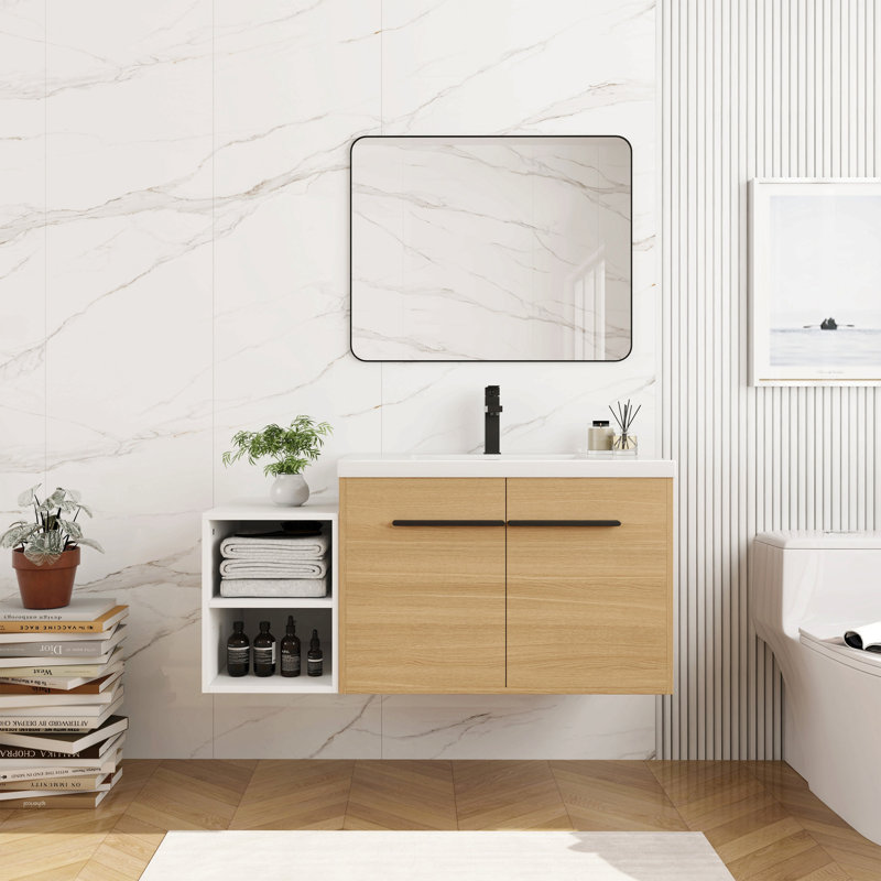 Meuble-lavabo mural 42 po avec lavabo à poser en résine, 1 tablette de rangement, 2 portes à fermeture douce, Chêne