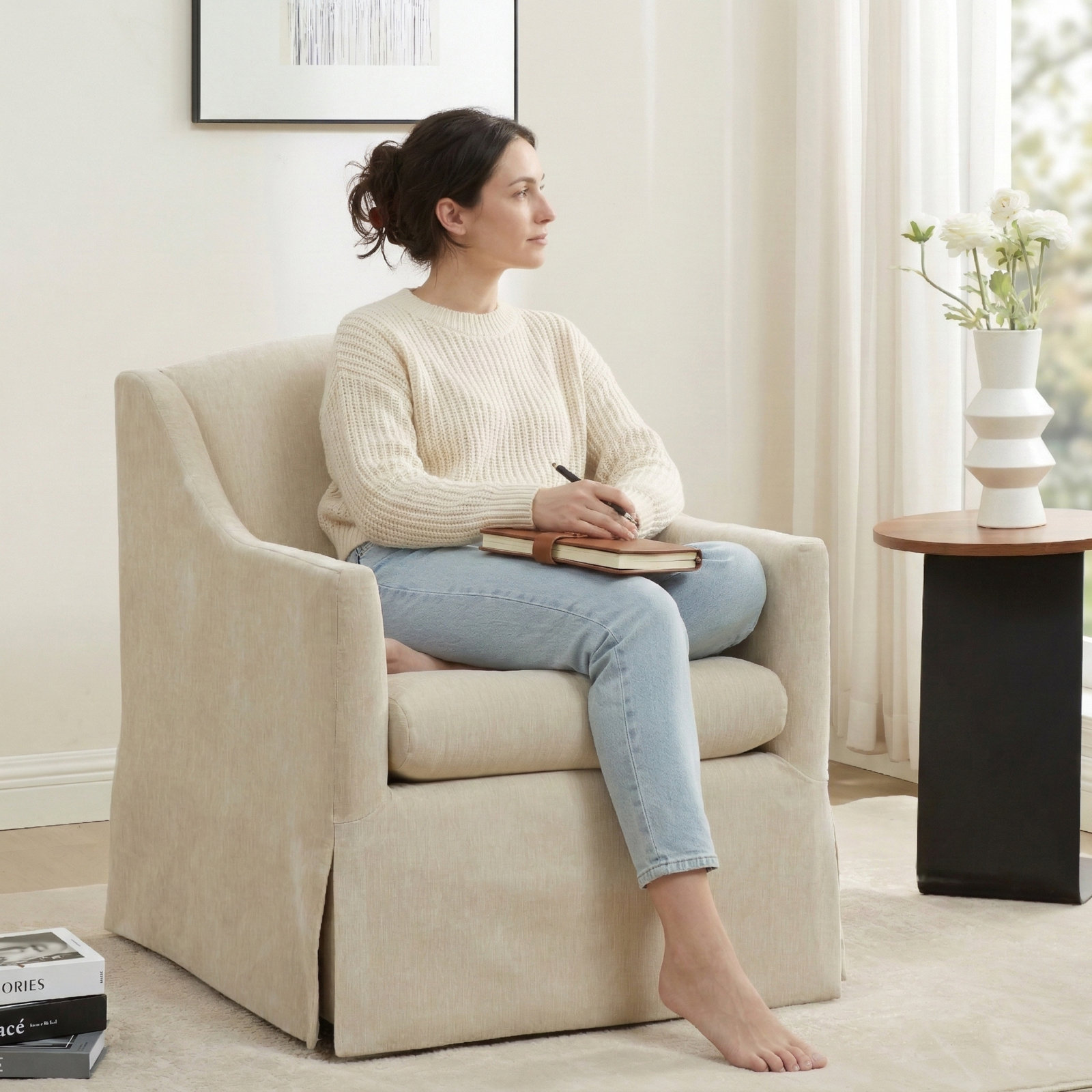 Swivel Accent Chair, Ecru Performance Weave