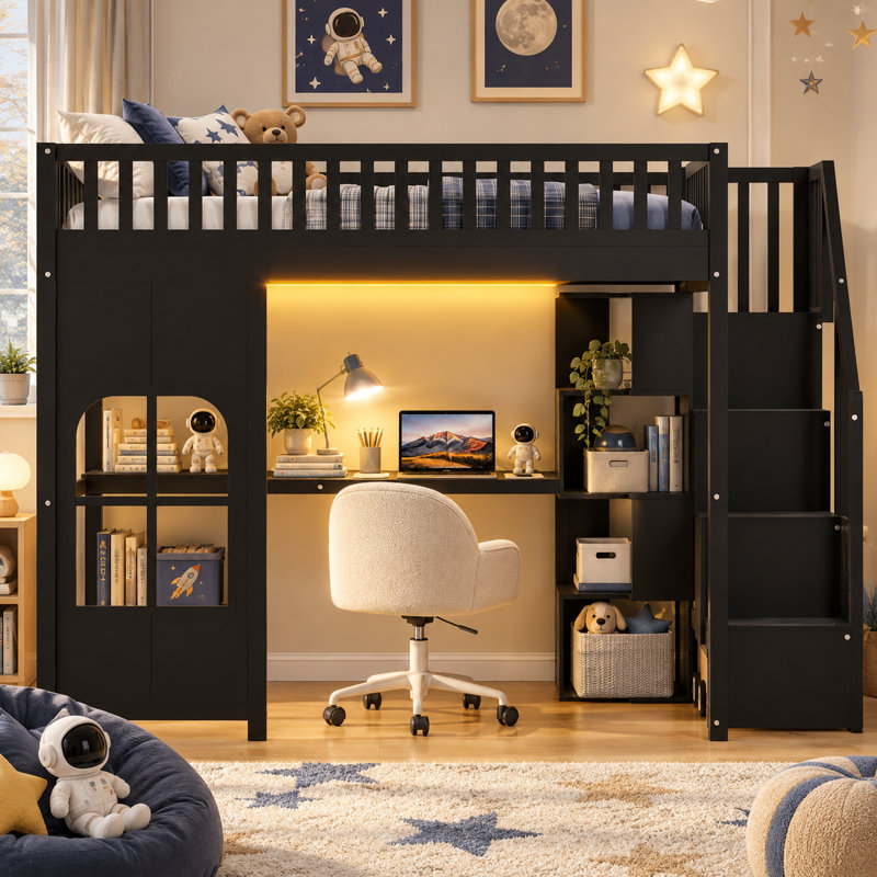 Lit mezzanine avec escalier de rangement, bureau intégré, étagères ouvertes, panneau de fenêtre décoratif, bande lumineuse DEL et port de chargement USB