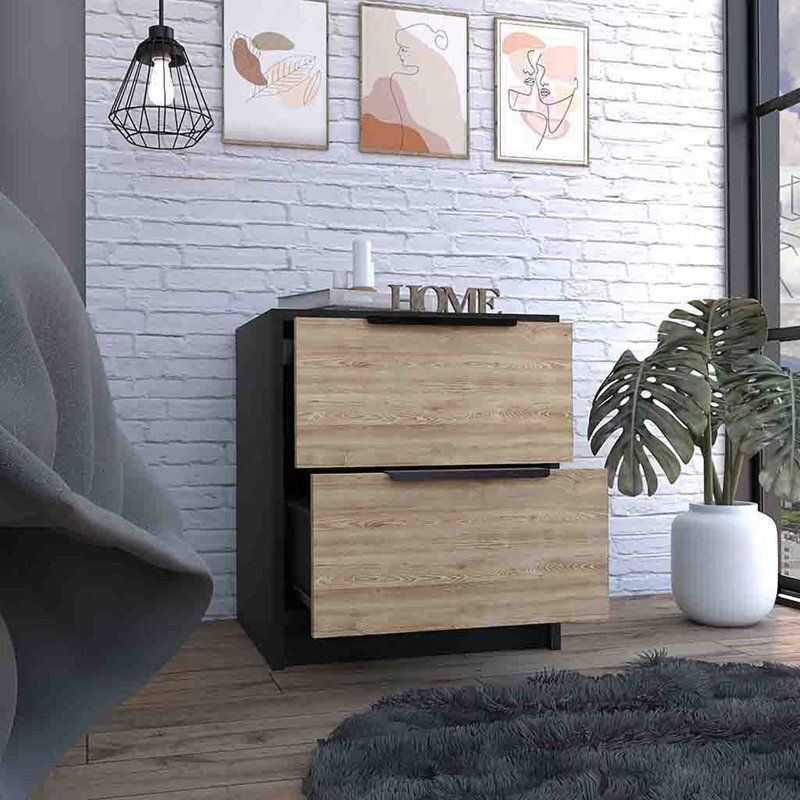Modern Nightstand 19" H, Two Drawers, Black / Pine, Black/Natural