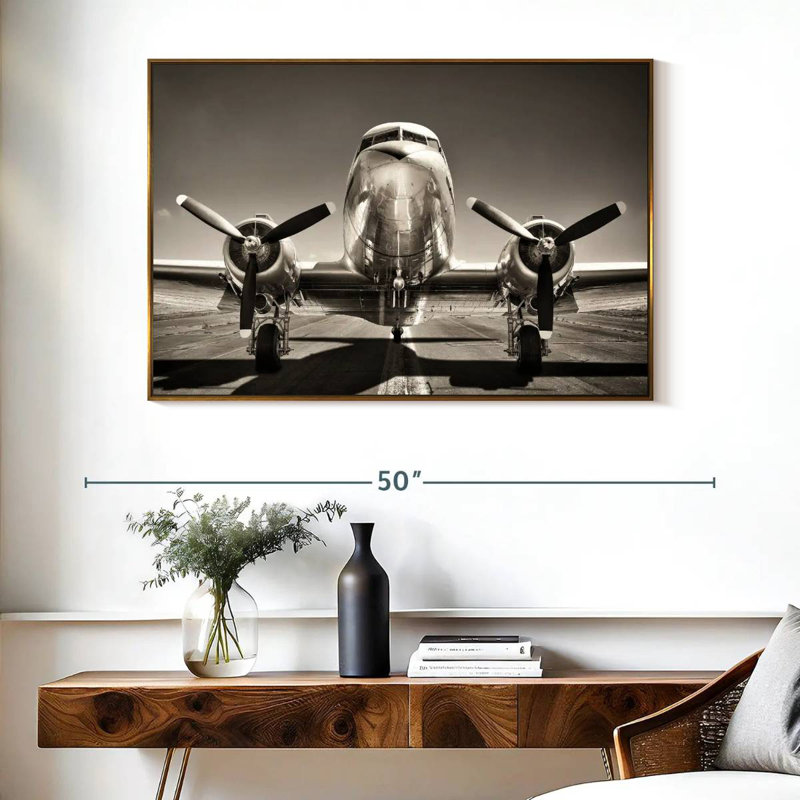 Avion rétro noir et blanc, Cadre flottant doré, 40 po x 27 po