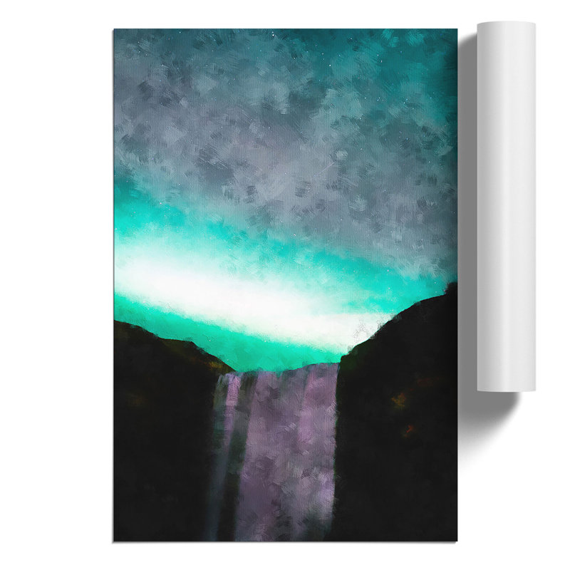 Northern Lights Above the Waterfall Painting - Frameless Print, 30cm H x 21cm W x 0.1cm D