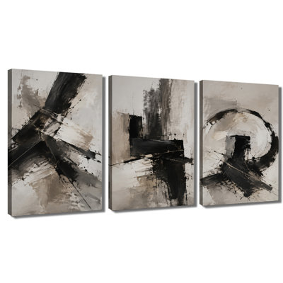 3‑panel wall art Monochrome Black Beige Abstract Wrapped Canvas Print