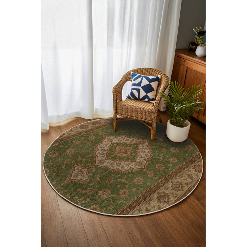 Tapis vert en coton et polyester à imprimé numérique Trapp Collection, Rond 3 pi 4 po