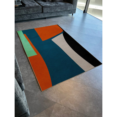 Blue-Orange Themed Multi-Coloured Mixed Shape Patterned Modern Decorative Rug