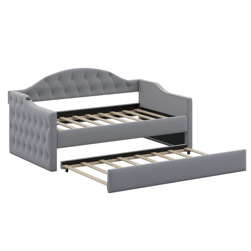 Martisa Twin Size Tufted Velvet Upholstered Daybed with Trundle, USB & Type-C Charging Port, Gray
