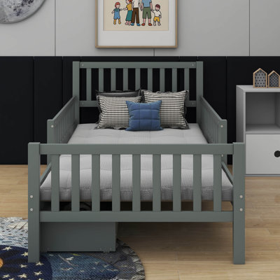 Twin Size Wood Platform Bed With Guardrails And Two Drawers
