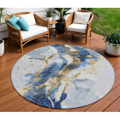 Tapis intérieur rond lavable abstrait bleu et doré 8 pi