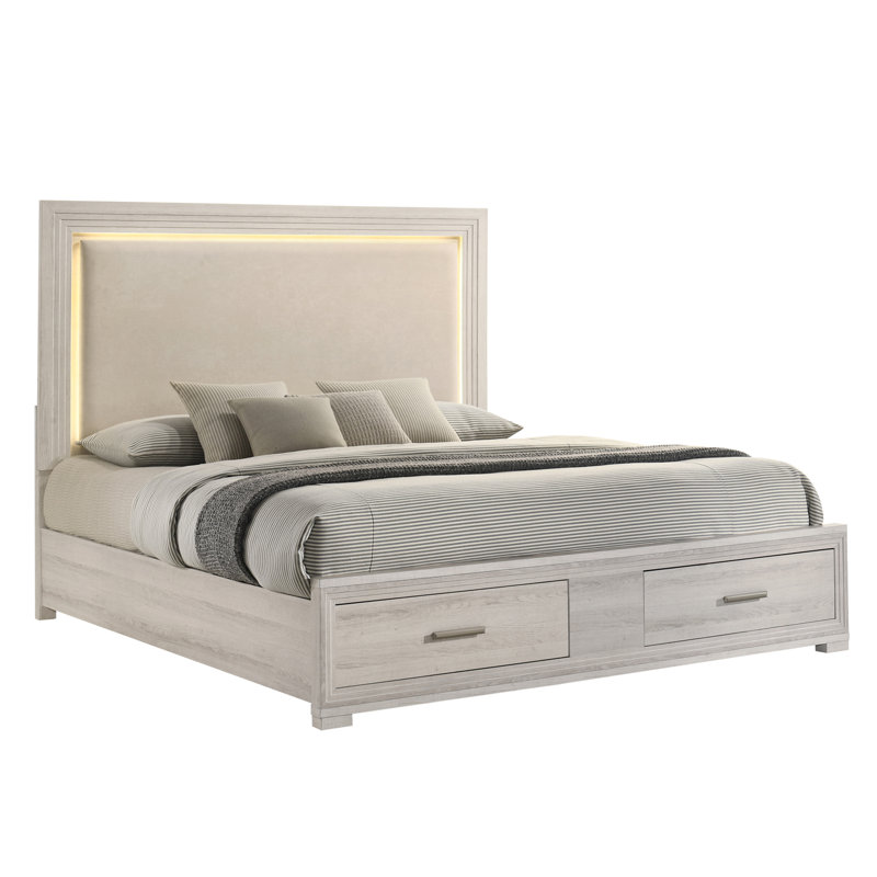 Liora Upholstered Platform Bedroom Set with LED Headboard, Footboard Storage, and Case Pieces, Queen, Rustic Natural