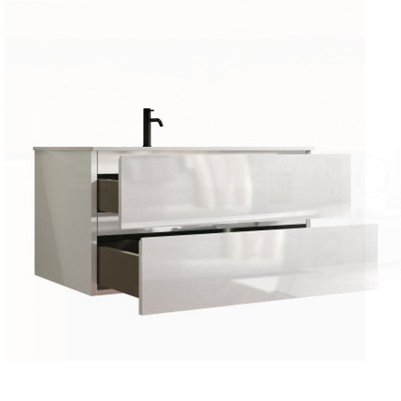 Meuble-lavabo mural blanc brillant avec lavabo en céramique, grand rangement et conception pré-assemblée pour les salles de bain modernes