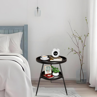 2-Tier Round Metal End Table, Black Small Side Table For Living Room, Bedroom, Office, Indoor & Outdoor Use, Space-Saving Design (2Tier02)
