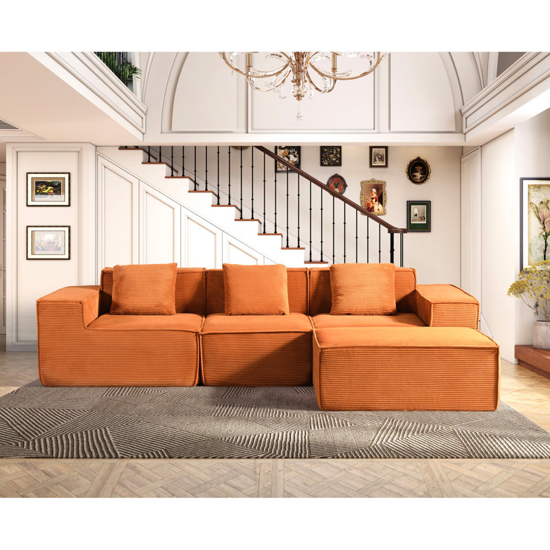 Canapé d'angle modulaire en velours côtelé rouge-orange, convertible en lit, multifonctionnel et spacieux en forme de L, idéal pour les barbecues d'été et les réunions de famille pendant les fêtes.