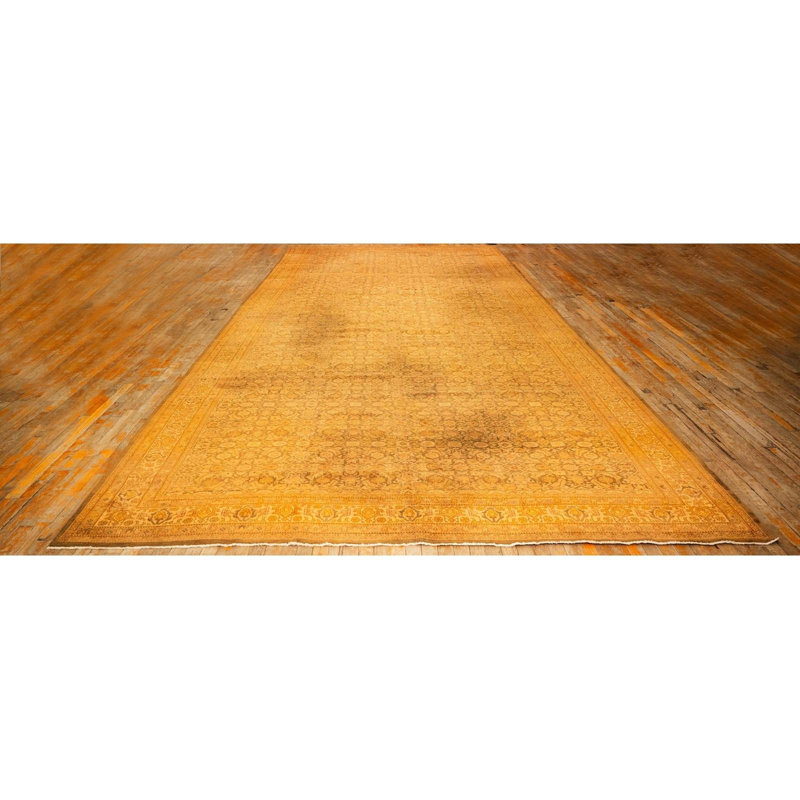 1930s Gold Herati Traditional Geometric Antique Knotted Wool Indian Runner Rug
