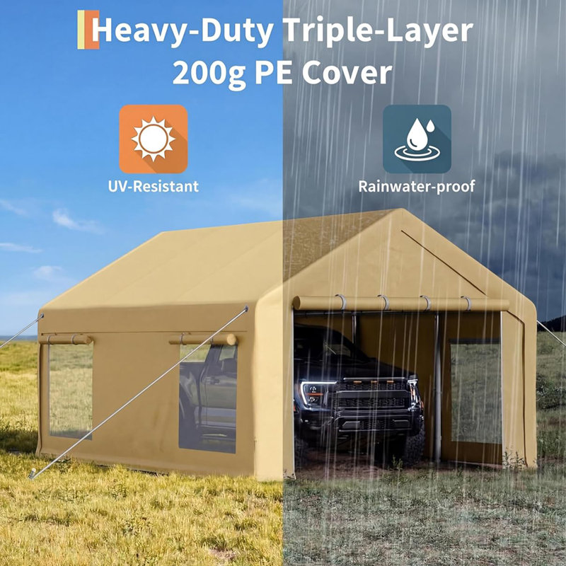 12 ft x 20 ft Portable Garage with 200g PE Tarp Canopy, Carport with 2 Roll-Up Doors & 4 Mesh Windows, Temporary Shelter for Boats, Pickups, Paint Booths, and Outdoor Events