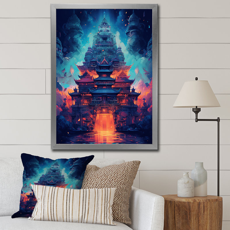 " Magical Buddhist Temple Dreamscape ", 32" H x 24" W x 1" D, Silver Single Picture Framed