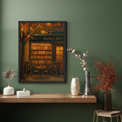 Cozy Book Cafe Framed Wall Art - Warm Autumn Coffee Shop Painting Print for Kitchen or Reading Nook Decor