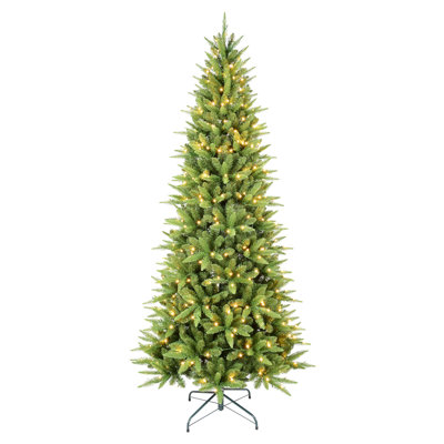 Arbre de Noël mince et peu encombrant avec lumières DEL préinstallées, embouts réalistes en PE + PVC, conception à charnières pour une installation facile et support en métal robuste