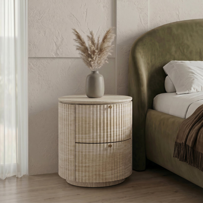 Modern Cylindrical Fluted Travertine-Look 2-Drawer Nightstand -Fully Assembled - 21.7" D