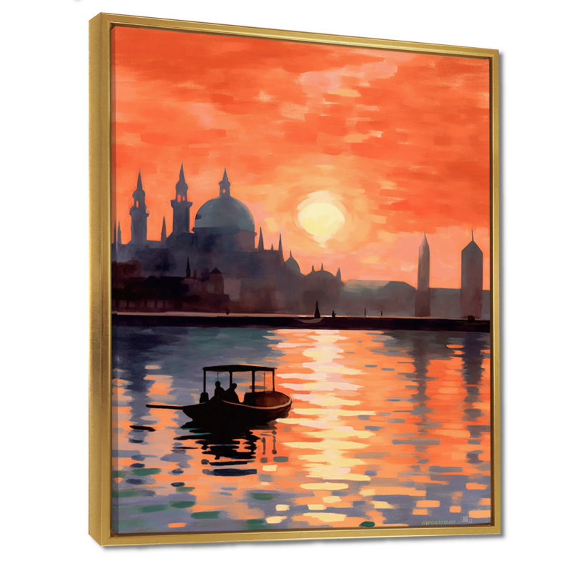 Bateau sur le Grand Canal, orange vif, coucher de soleil - impression d'art mural Venise, Toile avec cadre flottant or